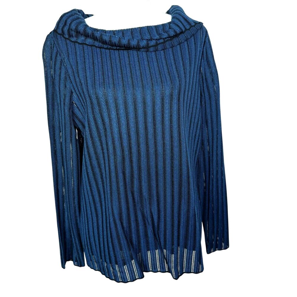 KATHERINE KELLY NWT Women's Large Blue Knit Stripe Sheer Cowl Neck Sweater‎ Top